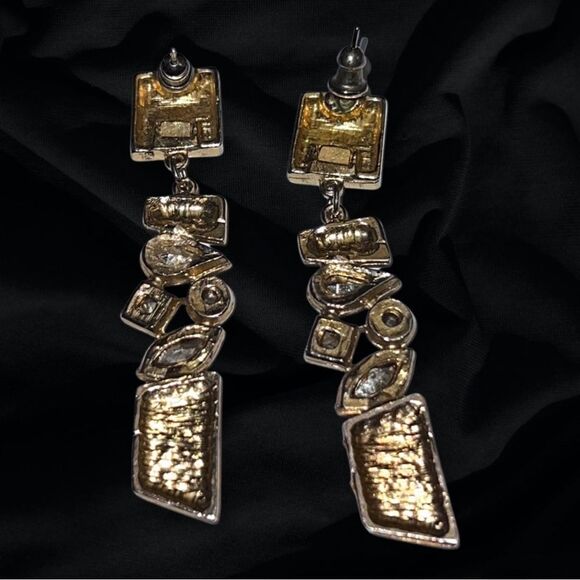Linear Crystal Geometric Drop Earrings in Gold Post Backs For Pierced Ears - Picture 2 of 4